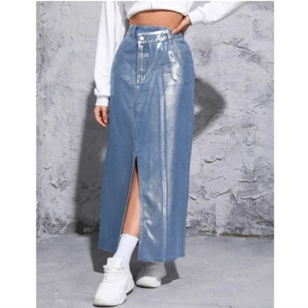 Zara Denim Maxi Skirt, Size M, Color Metallic Silver Over Blue